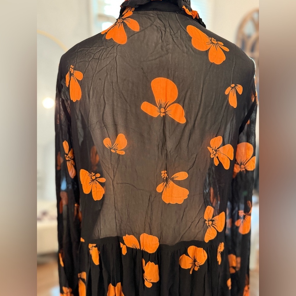 Ganni Black Sheer Dress with Orange Floral Design Lined on Bottom - Picture 14 of 15